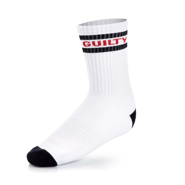 A pair of tailor made white socks with navy blue toes, heel, and bands. Red text reads