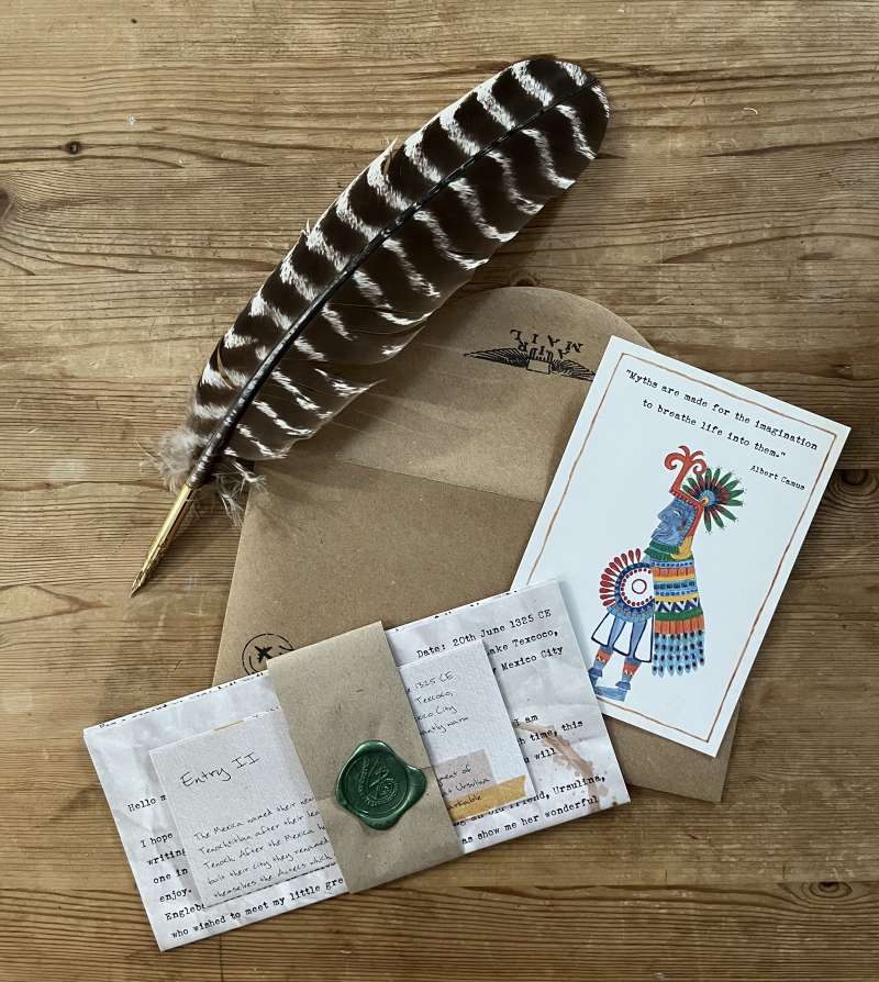 A feather quill pen sits on top some customer letters written for a children's subscription pages.