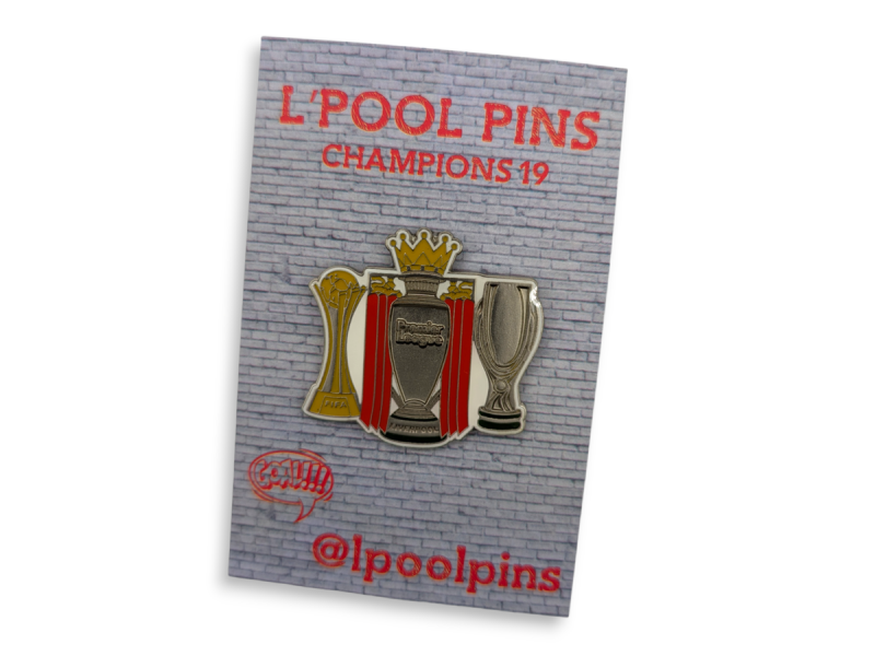 A Liverpool pin badge celebrating their 19th league title.