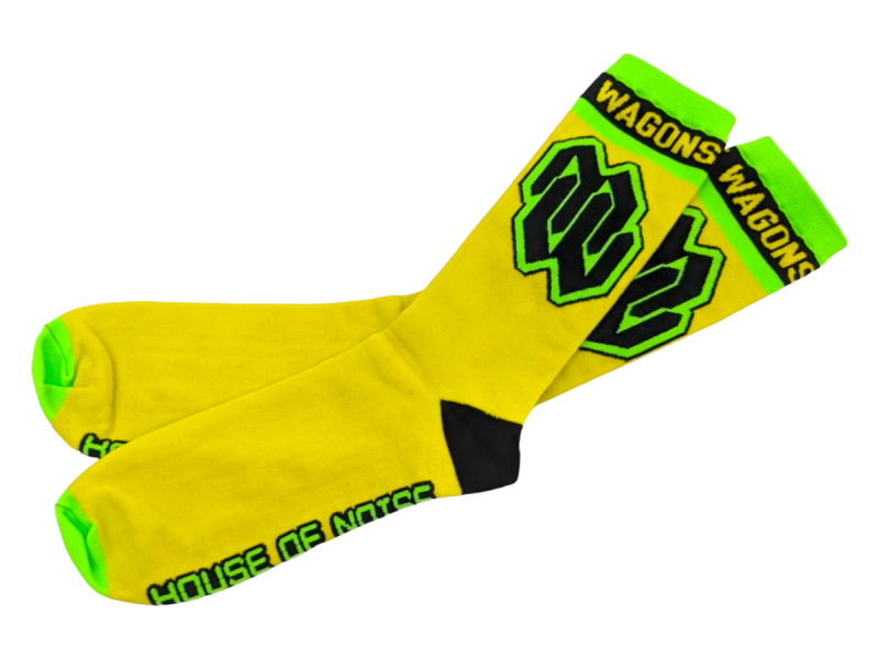 Bright yellow knitted socks with illuminous toes and Massive Wagons black logo.
