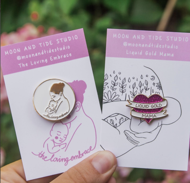 Two beautifully designed pin badges that celebrate motherhood with backing cards.