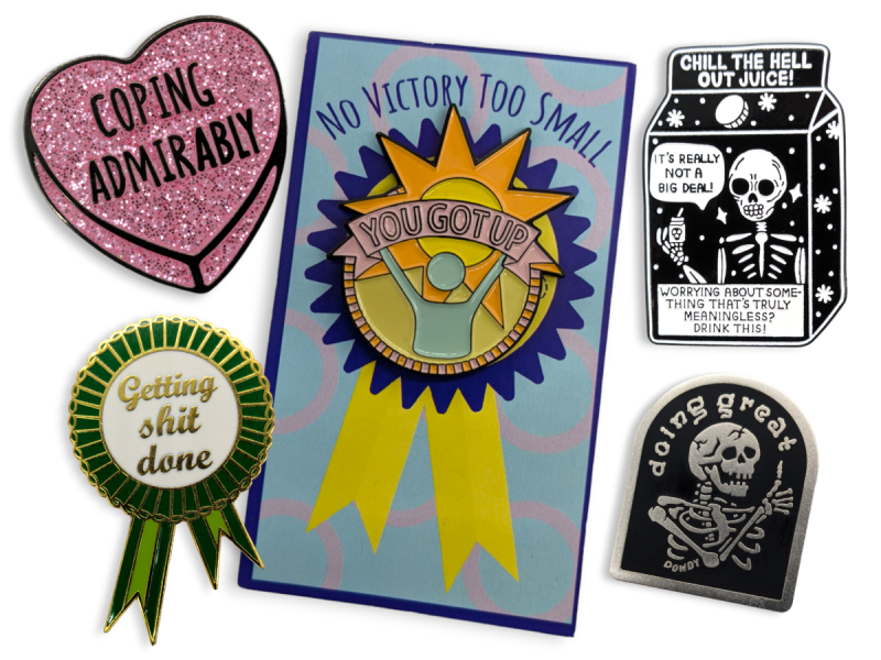 A collection of funny buy motivational badges.