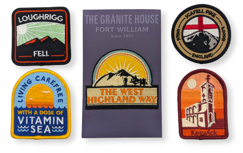 A collection of brightly coloured outdoor hiking and walking patches to commemorate trails around the UK.