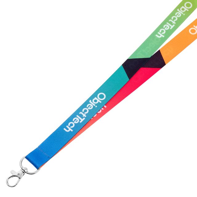 A brightly coloured custom lanyard made to order. The company 