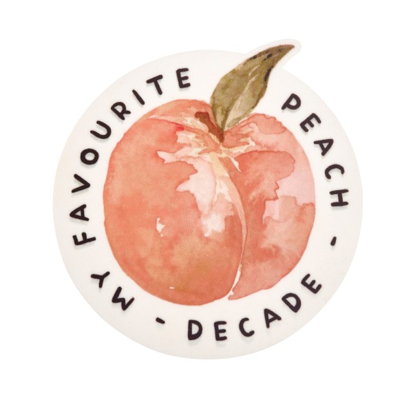 A printed patch with a detailed picture of a peach on it with the text 'My Favourite Peach'.