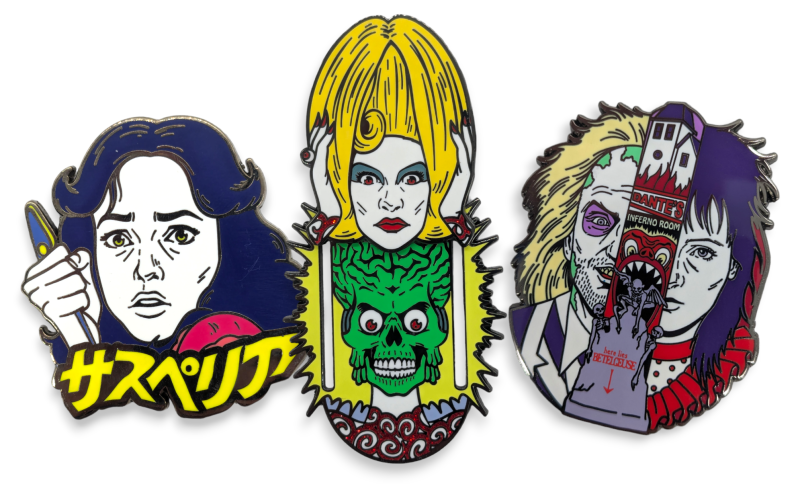 Pop culture pins from Mars Attacks, BeetleJuice, and Scream.