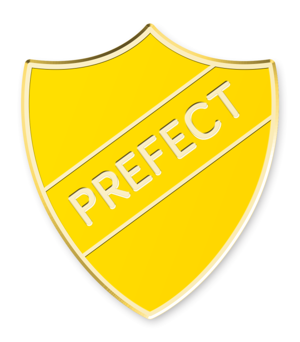 A yellow prefect badge. A gold plated shield. With the word prefect between diagonal gold lines.