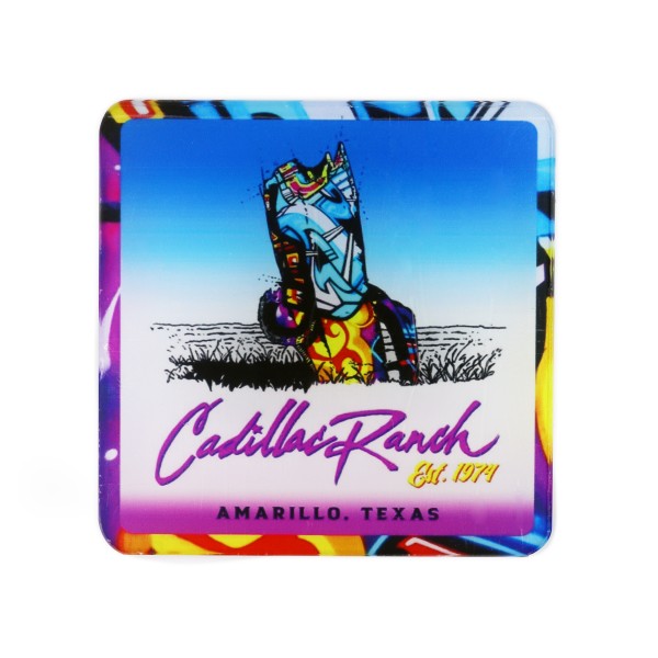 A square printed acrylic fridge magnet with vibrant colours and branding for the Cadillac Ranch.