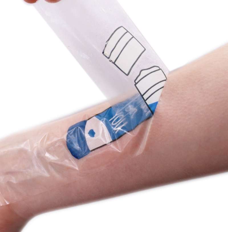 The tape being ripped off an arm with the temporary tattoo going with it.