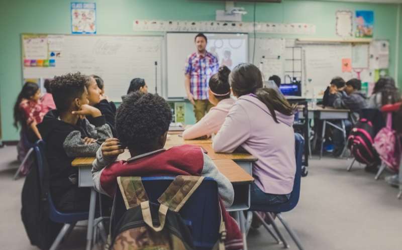 A bustling school classroom with seated children giving their teacher their undivided attention. Do they need badges? They sure do!