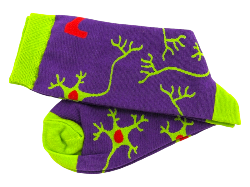 Purple and bright green socks that are branded for science company, Merck.