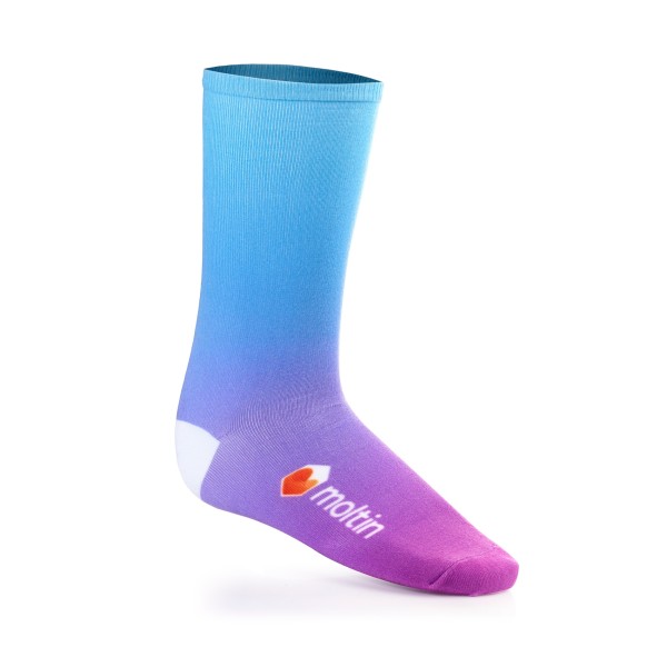These sublimated printed socks have a lovely blue to pink gradient with white heel.