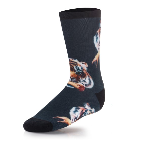 These gruesome sublimated socks feature a tiger's head holding a severed arm in its mouth.