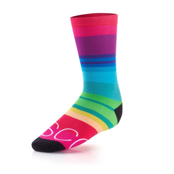 A pair of custom printed socks with vibrant rainbow colours that look like the pride flag.