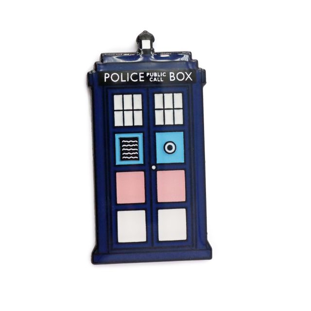 A Dr Who inspired enamel pin with trans pride flag colours.