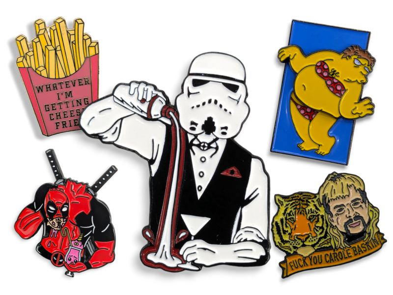 Funny TV and Movie enamel badges featuring characters and phrases from Star Wars, Deadpool, The Simpsons, The Tiger King, and Mean Girls.