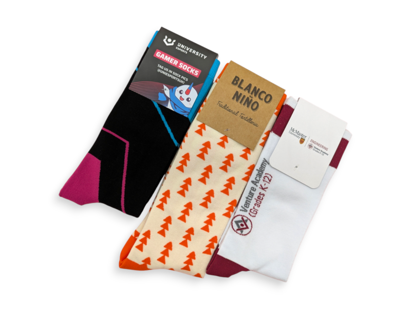 Three pairs of custom socks with branding cards used to help understand the socks market.