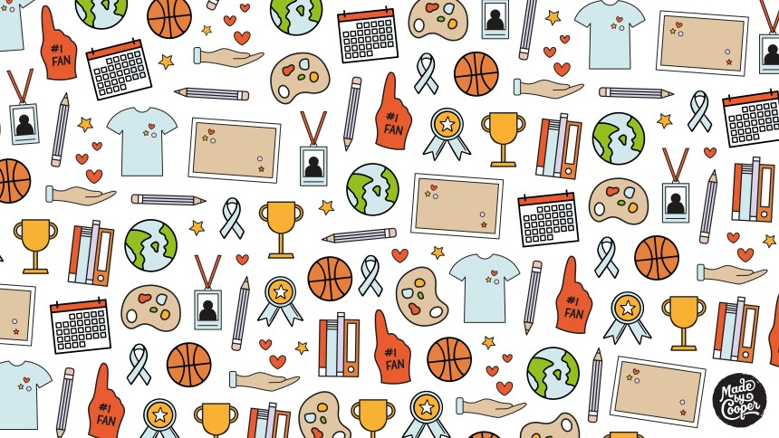 Lots of cartoon icons related to schools. Pencils, test tubes, globes. basketballs, books and trophies.