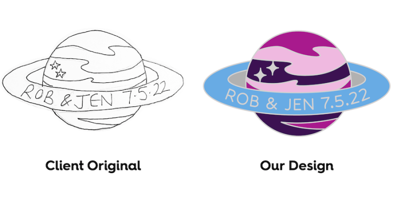 An info-graphic that shows how we turned a rudimentary sketch of a planet with the names Rob & Jen on, into a beautiful pin badge to be used as wedding favours.