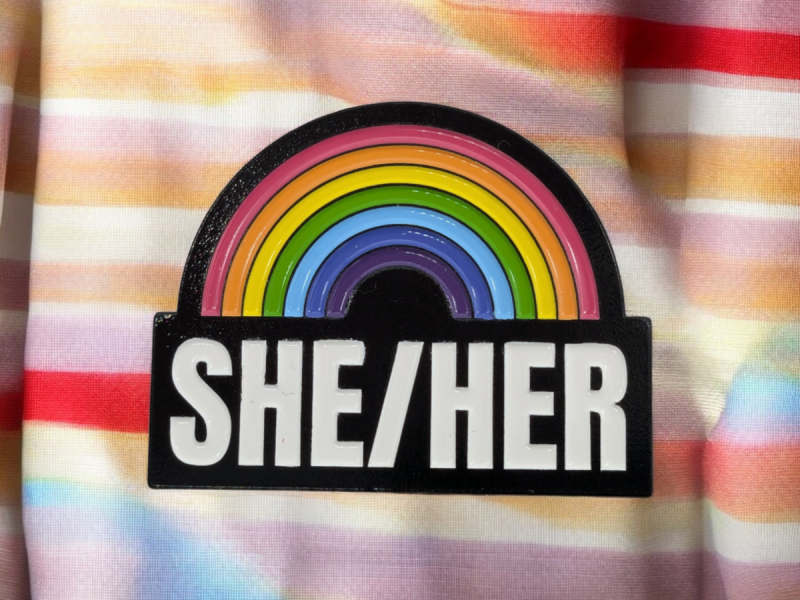 A She/Her enamel pronoun pin badge on some multicoloured fabric