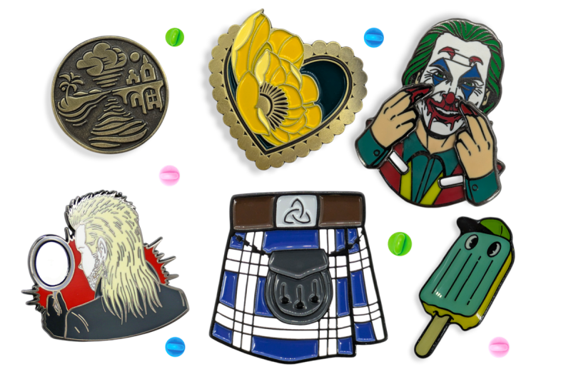 More awesome pin badges featuring the Joker, David from Lost Boys, some flowers, a kilt, an ice lolly and a scenic view.