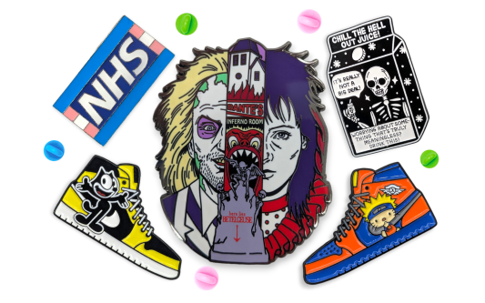 A collection of different pin badges from genres like health care, pop culture, fashion and mental health.