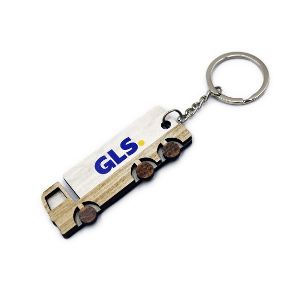 A wooden keychain in the shape of a white truck with GLS written on the side.