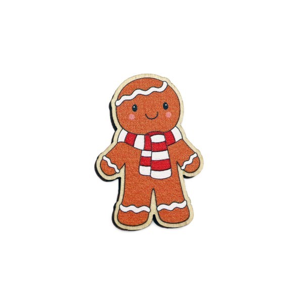 A gingerbread man with a red and white scarf wooden pin badge.